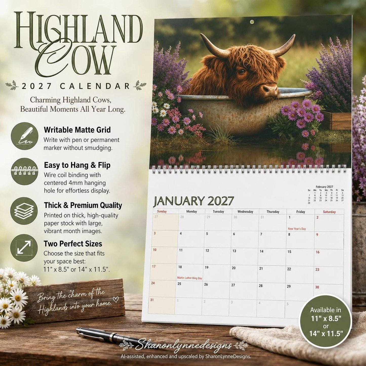 Highland Cow Wall Calendar 2027, Customizable Monthly Planner with Writable Grid