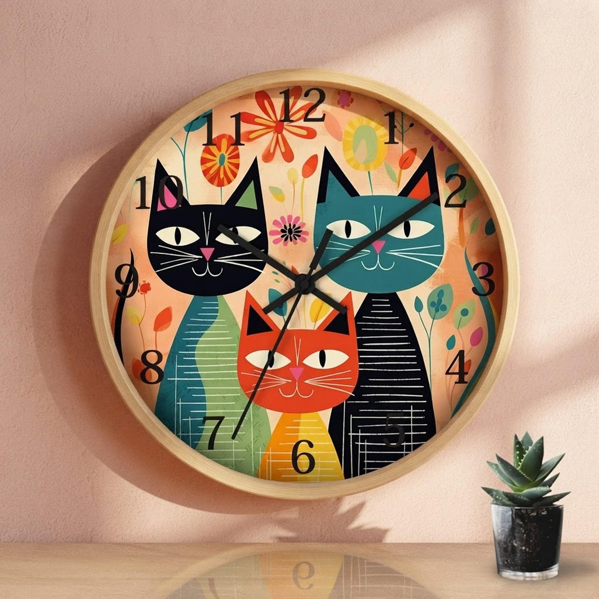Feline Wall Clock, Retro Cat Design in Mid-Century Style for Home Decor