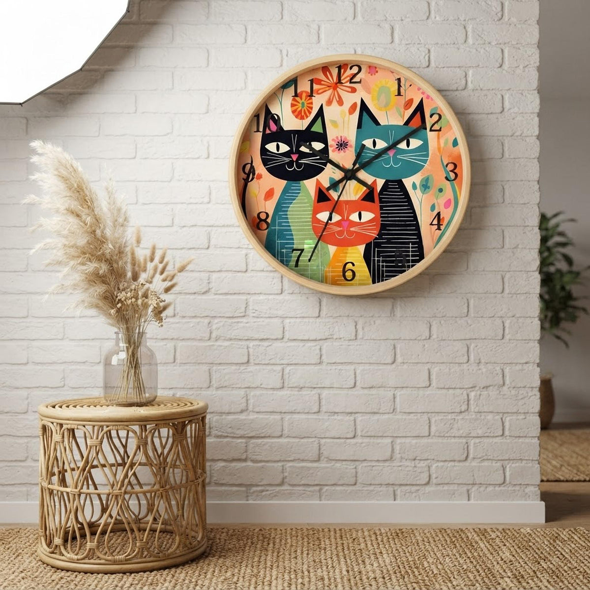 Feline Wall Clock, Retro Cat Design in Mid-Century Style for Home Decor