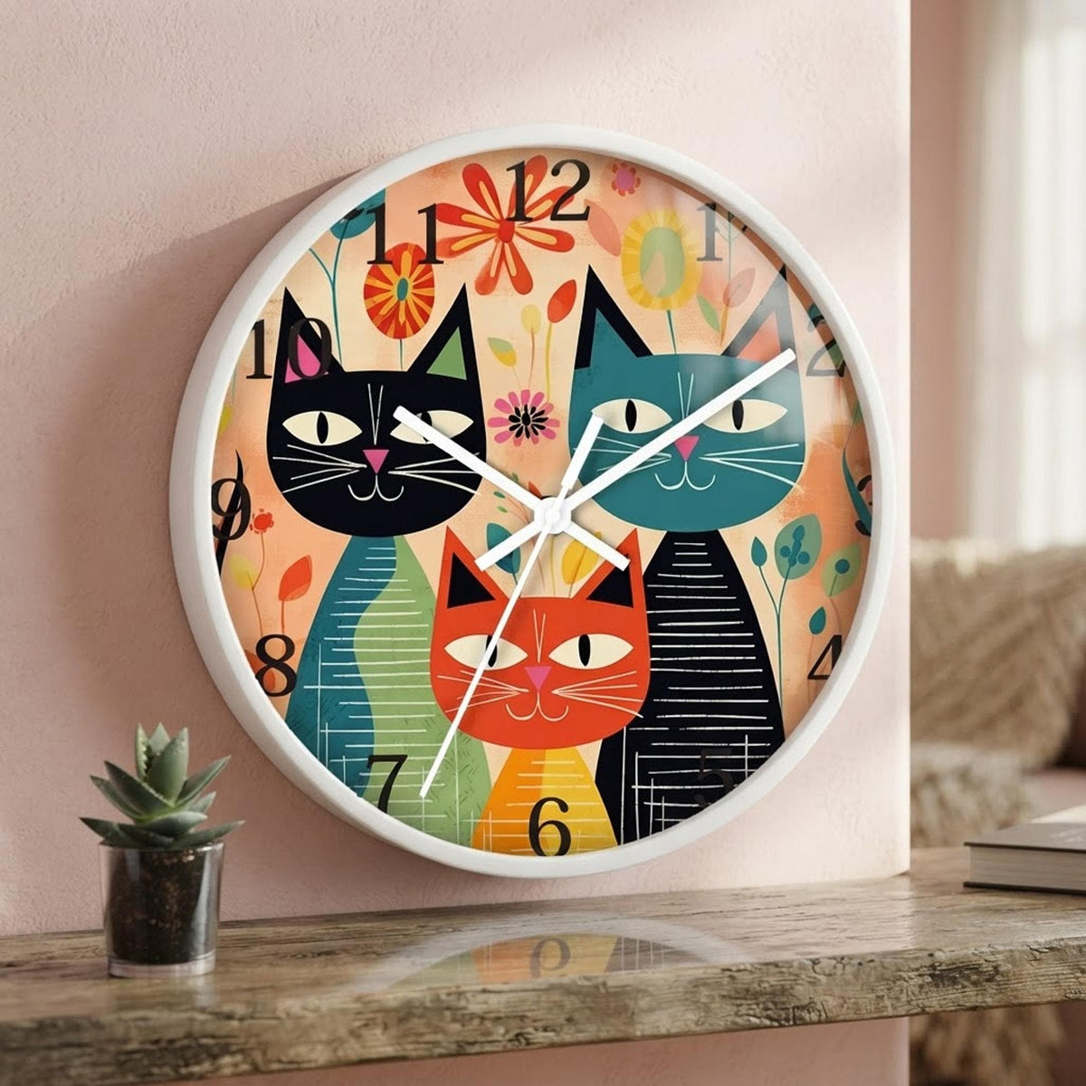 Feline Wall Clock, Retro Cat Design in Mid-Century Style for Home Decor