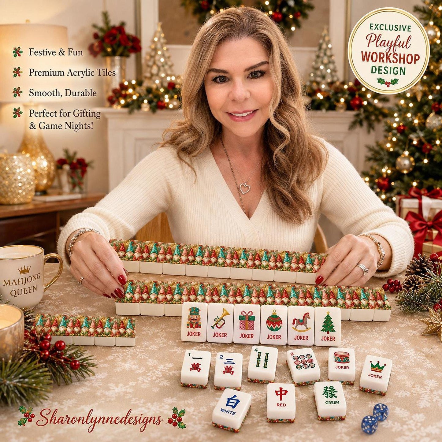 American Mahjong Set, Christmas Gnome Design with 160 Acrylic Tiles