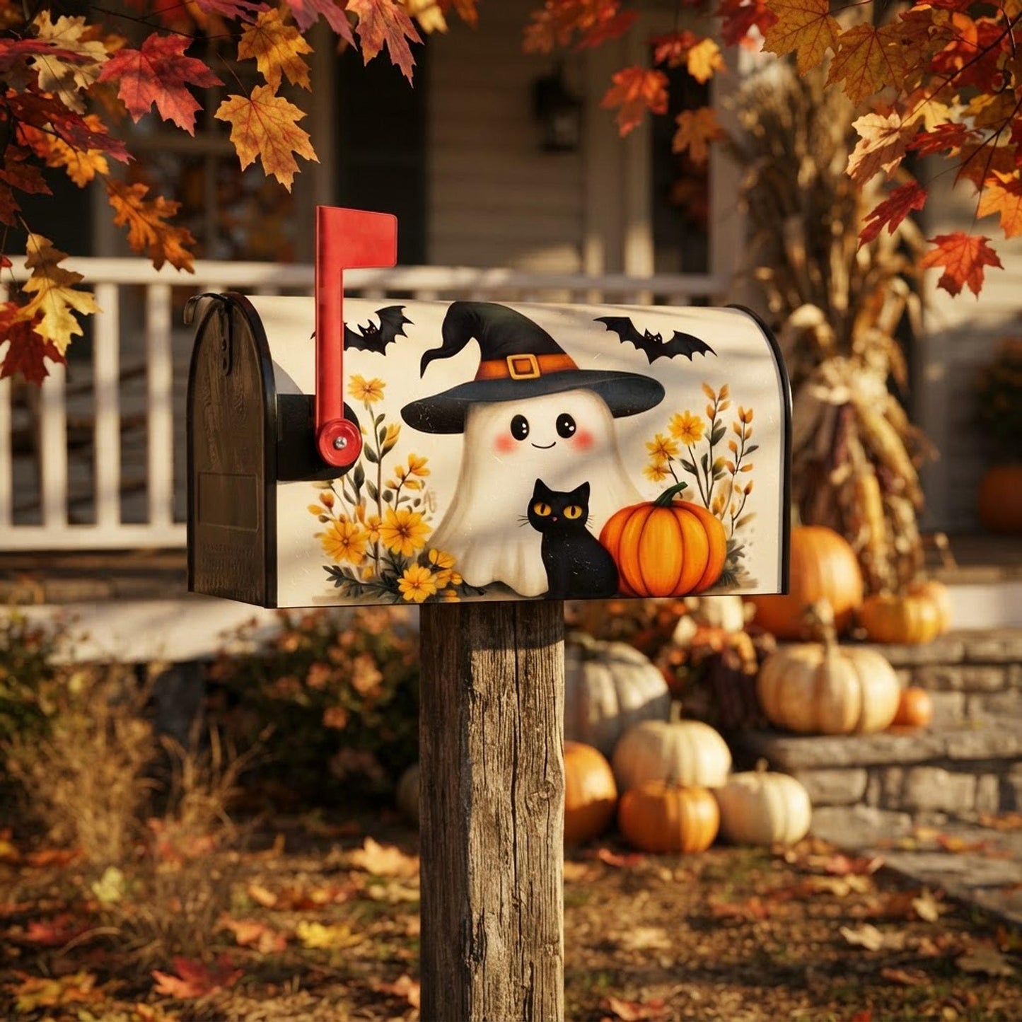 Ghostly Country Post Mailbox Cover, Waterproof Oxford Cloth, Magnetic Outdoor Halloween Decor