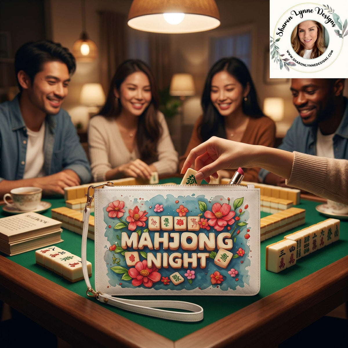 Floral Mahjong Tiles Clutch Bag | Game Night Wristlet
