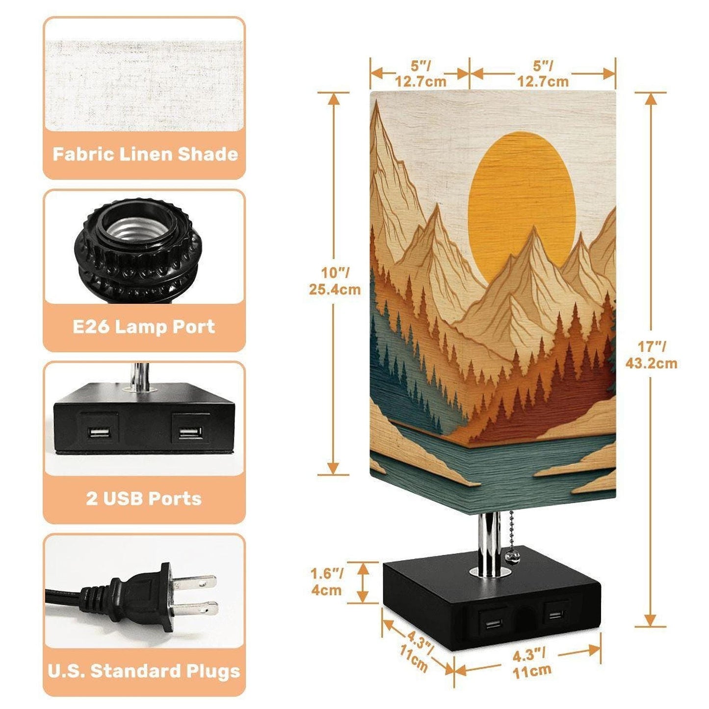 USB Table Lamp with Mountain View Design, Color Changing and Dual USB Charging