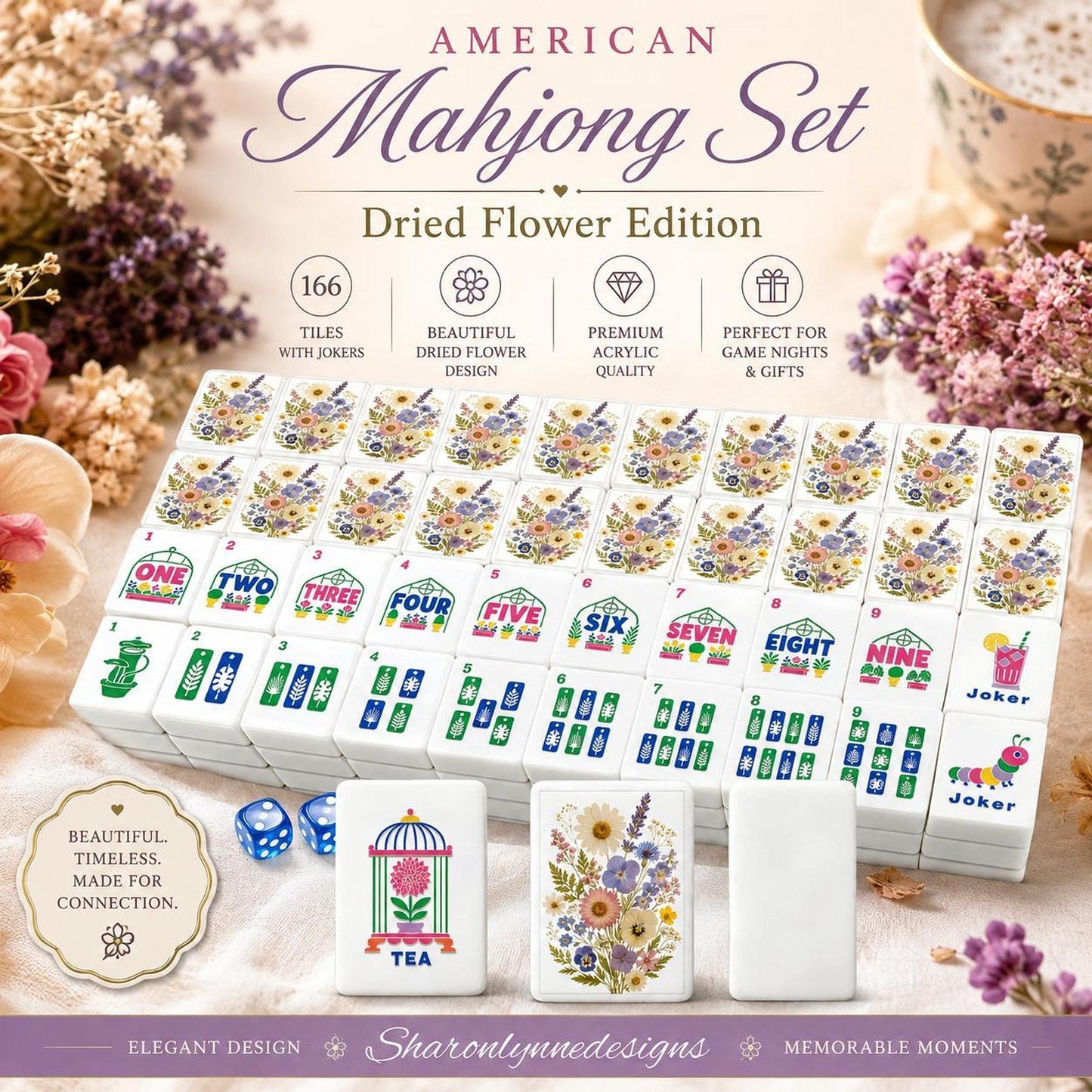 Floral Mahjong Set, Garden Style Acrylic Tiles with Dried Flower Designs