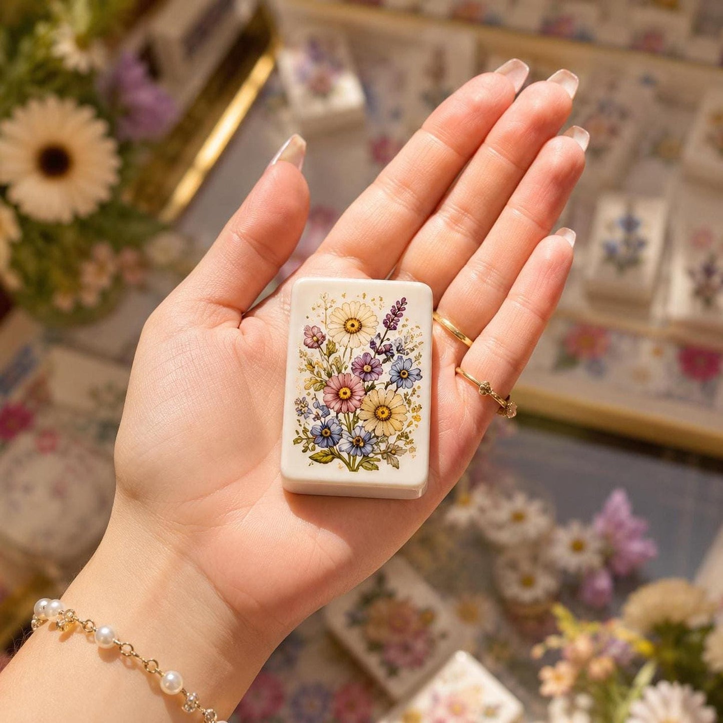 Floral Mahjong Set, Garden Style Acrylic Tiles with Dried Flower Designs