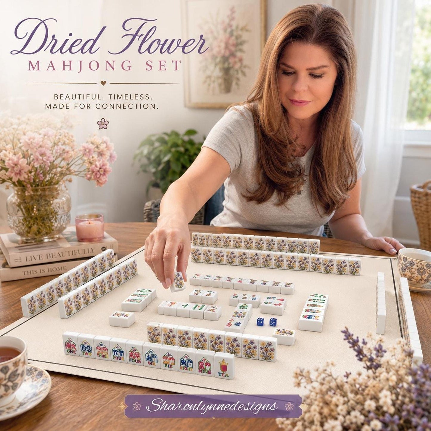 Floral Mahjong Set, Garden Style Acrylic Tiles with Dried Flower Designs
