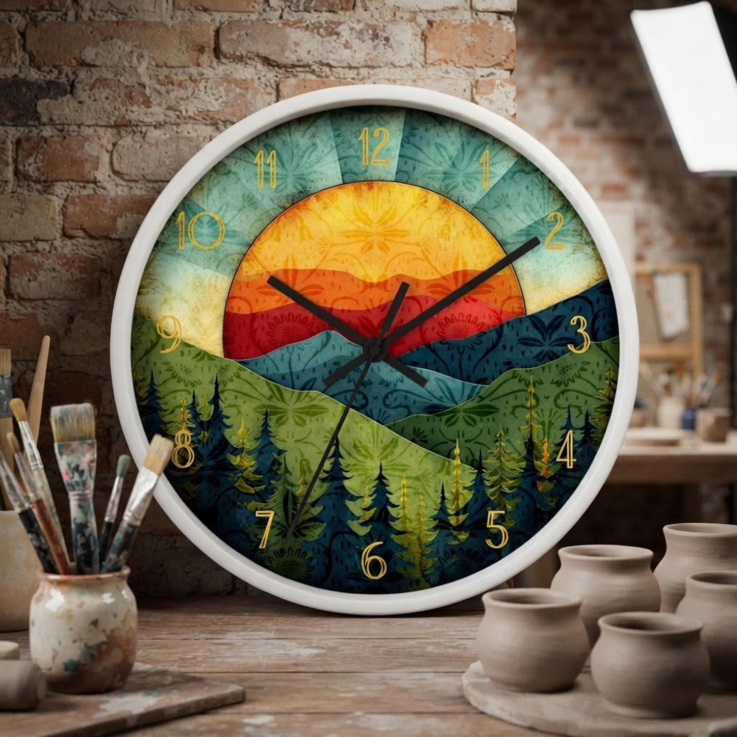 Retro Sunrise Mountain Wall Clock, 10-Inch Plexiglass Face, Silent Mechanism
