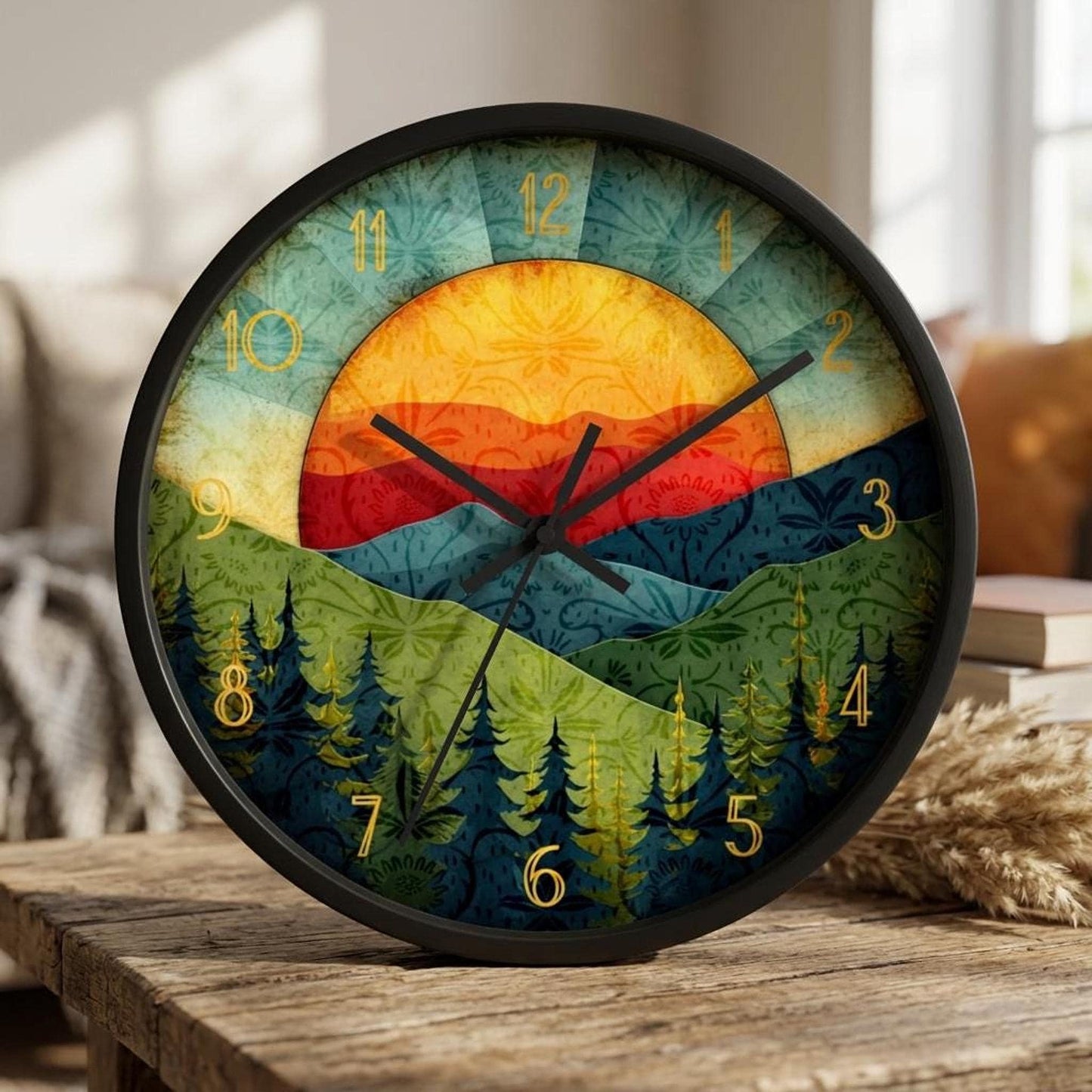 Retro Sunrise Mountain Wall Clock, 10-Inch Plexiglass Face, Silent Mechanism