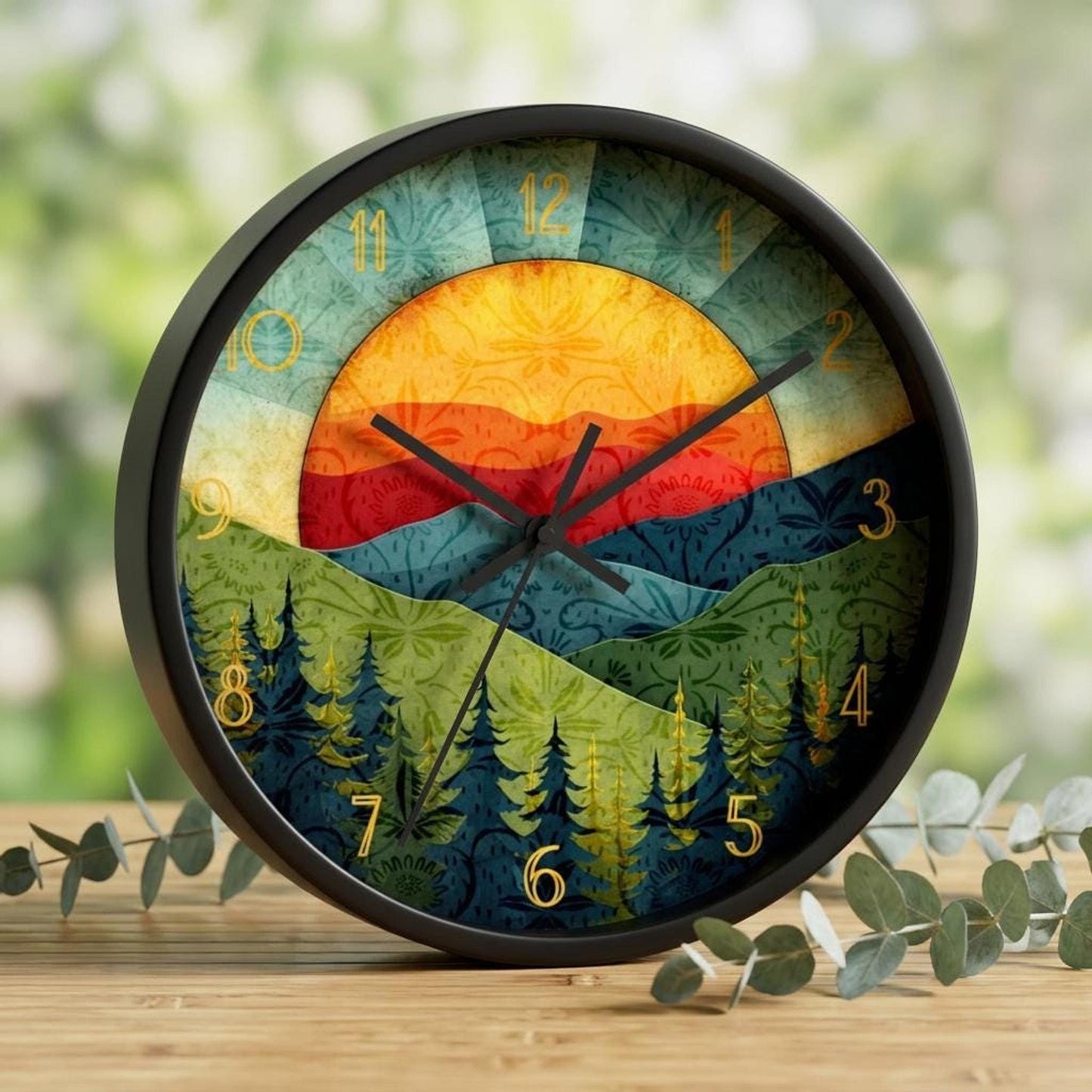 Retro Sunrise Mountain Wall Clock, 10-Inch Plexiglass Face, Silent Mechanism