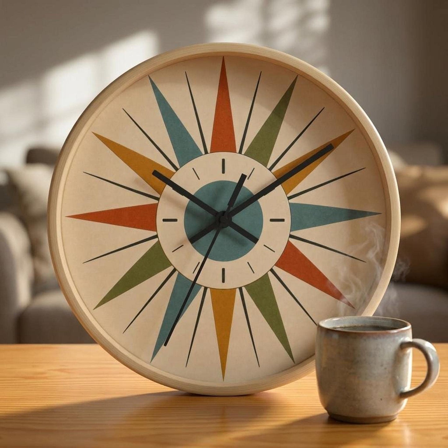 Mid Century Starburst Wall Clock, 100% Wood Frame with Silent Mechanism