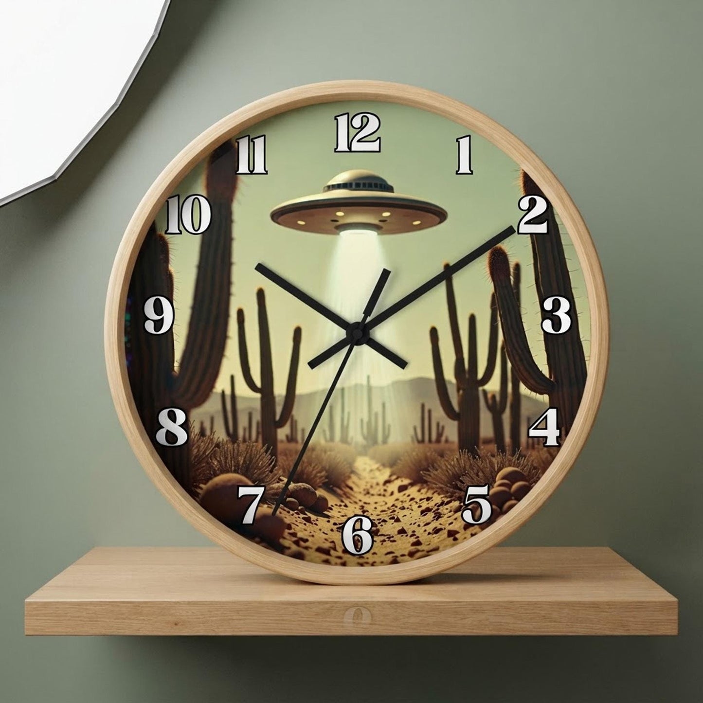 UFO Wall Clock, 10 x 10-Inch Plexiglass Retro Southwestern Desert Scene