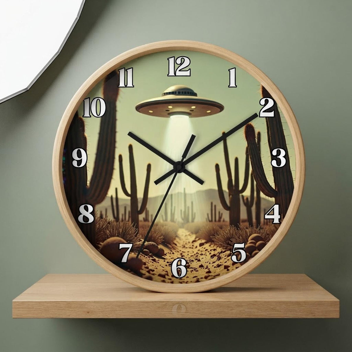 UFO Wall Clock, 10 x 10-Inch Plexiglass Retro Southwestern Desert Scene