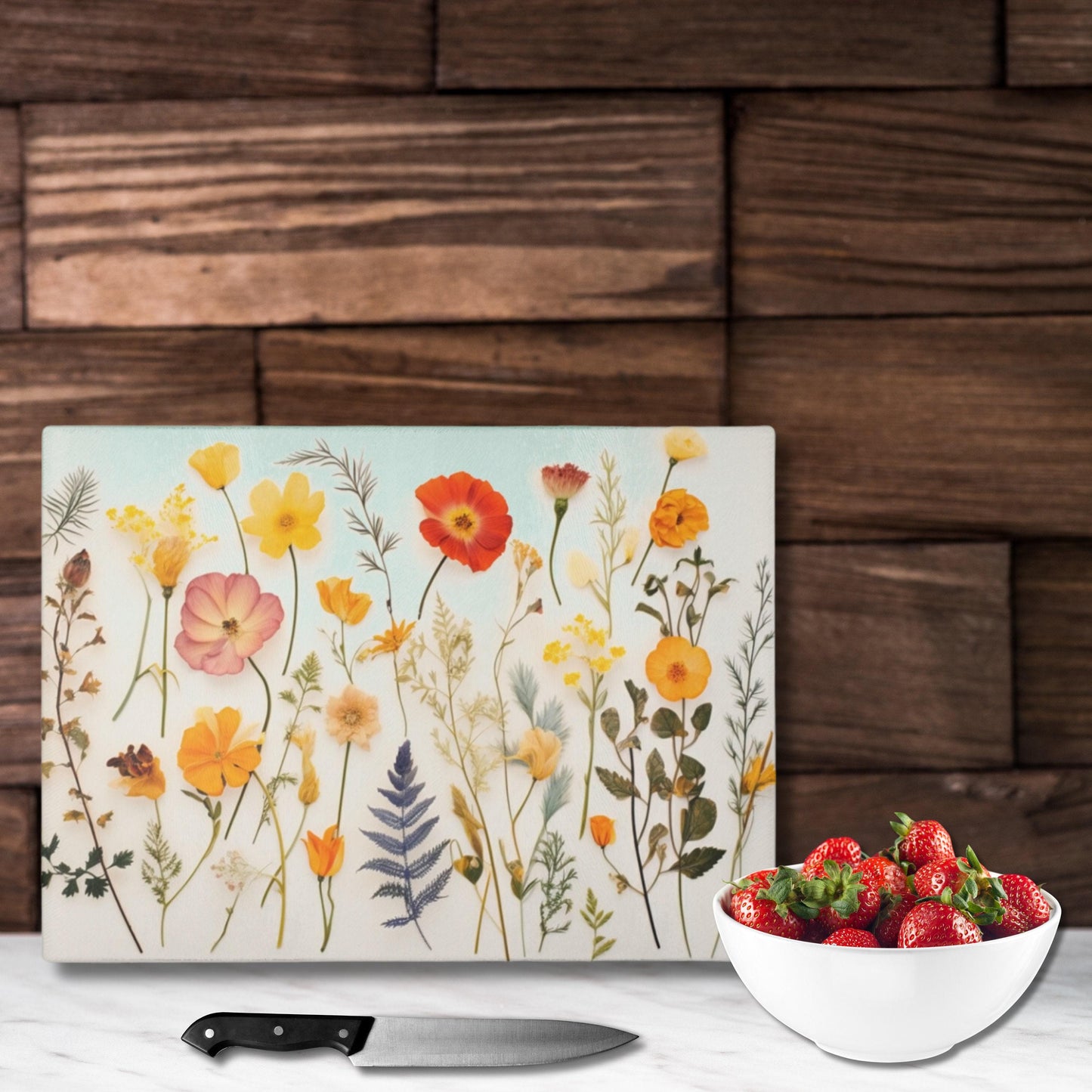 Decorative Chopping Wildflower Tempered Glass Cutting Board, Two Sizes, Textured Surface