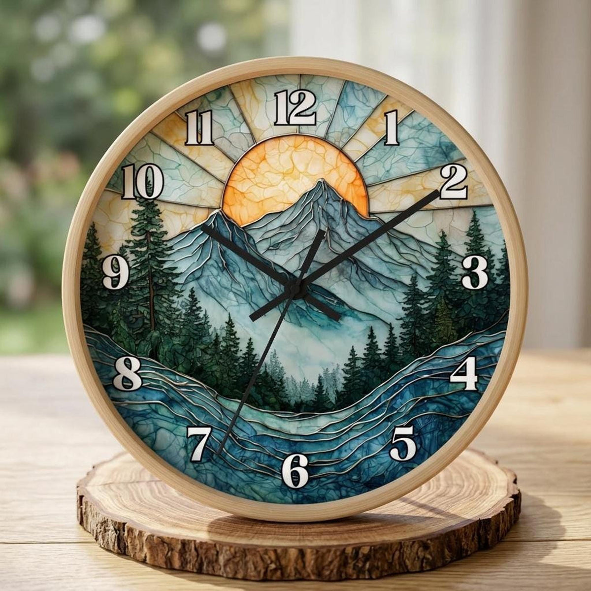 Mountain Sunrise Stained Glass Clock: Pine Forest Nature Wall Art (10" Diameter)