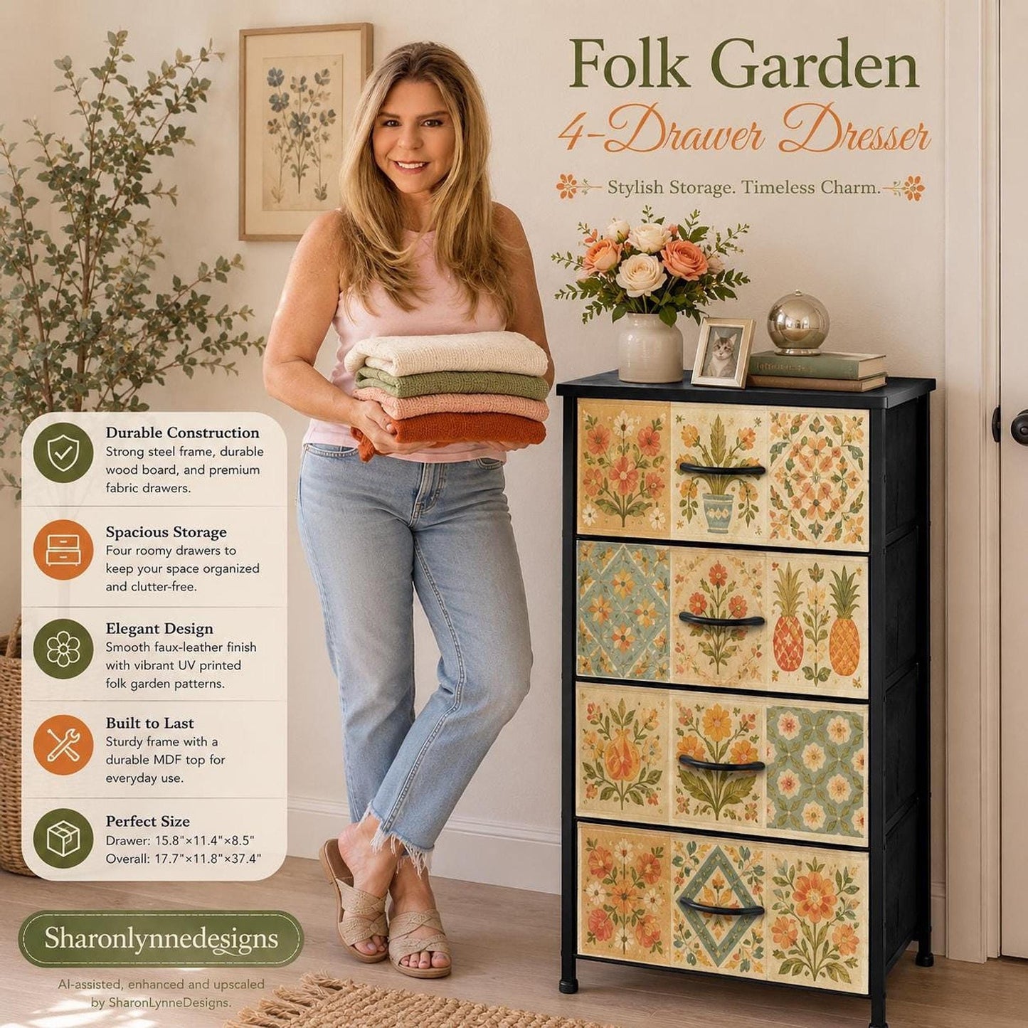 4 Drawer Dresser, Sage Floral Steel Frame with Fabric Storage