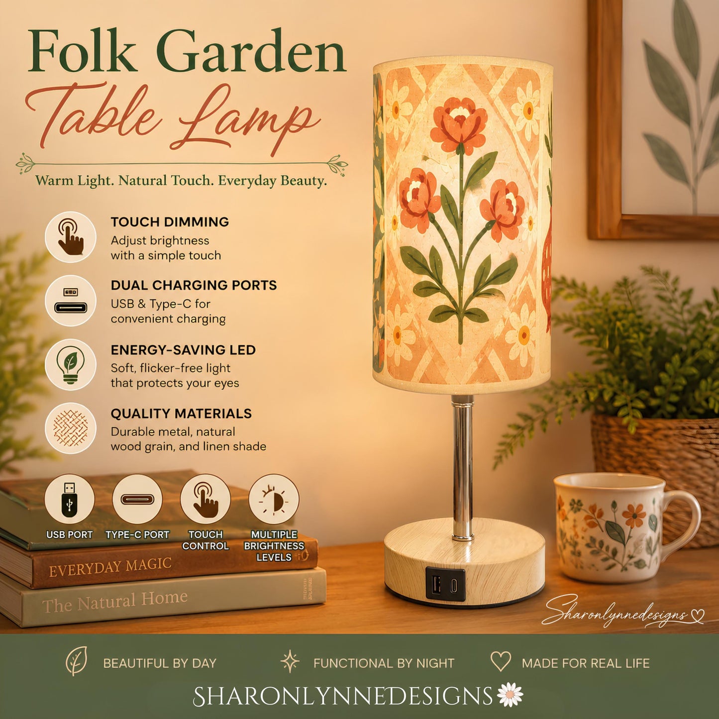 Folk Garden Lamp, Floral Design with Touch Dimming and USB Type-C Charging