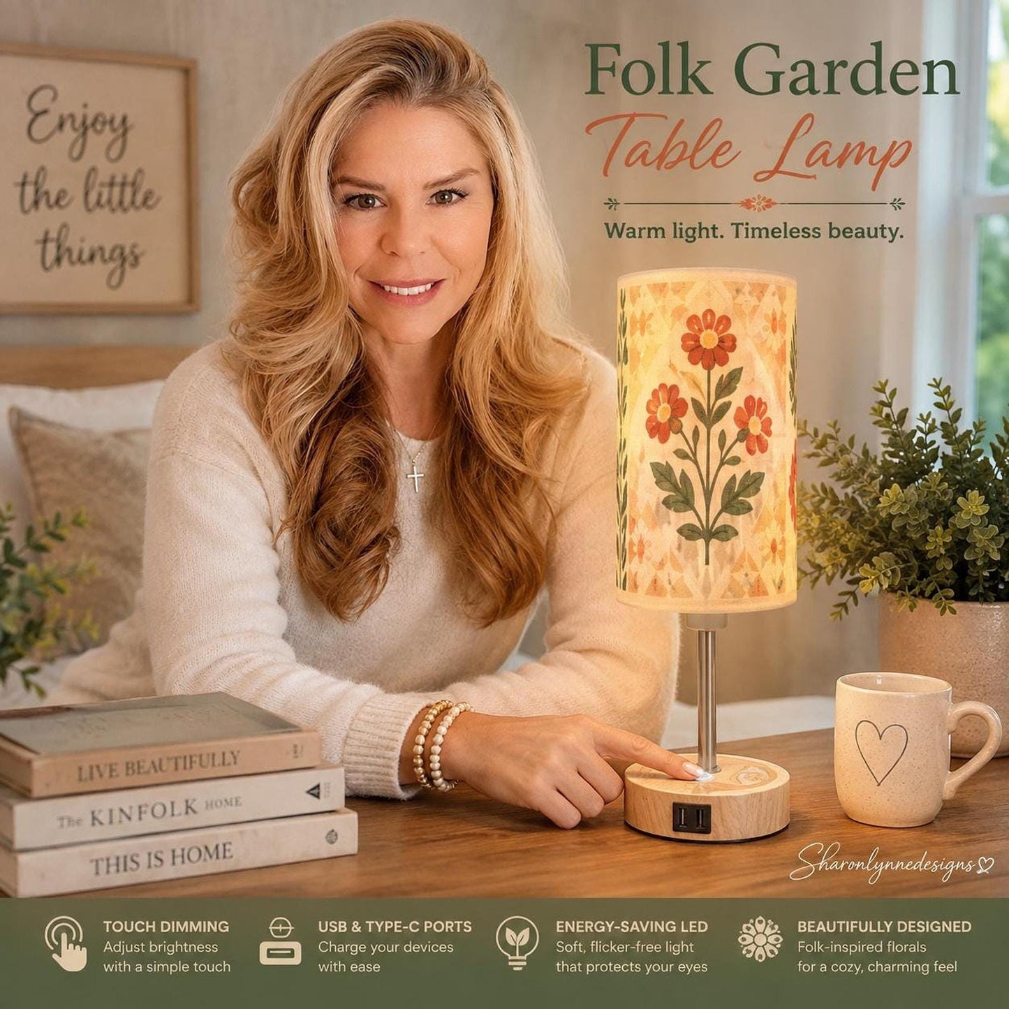 Folk Garden Lamp, Floral Design with Touch Dimming and USB Type-C Charging