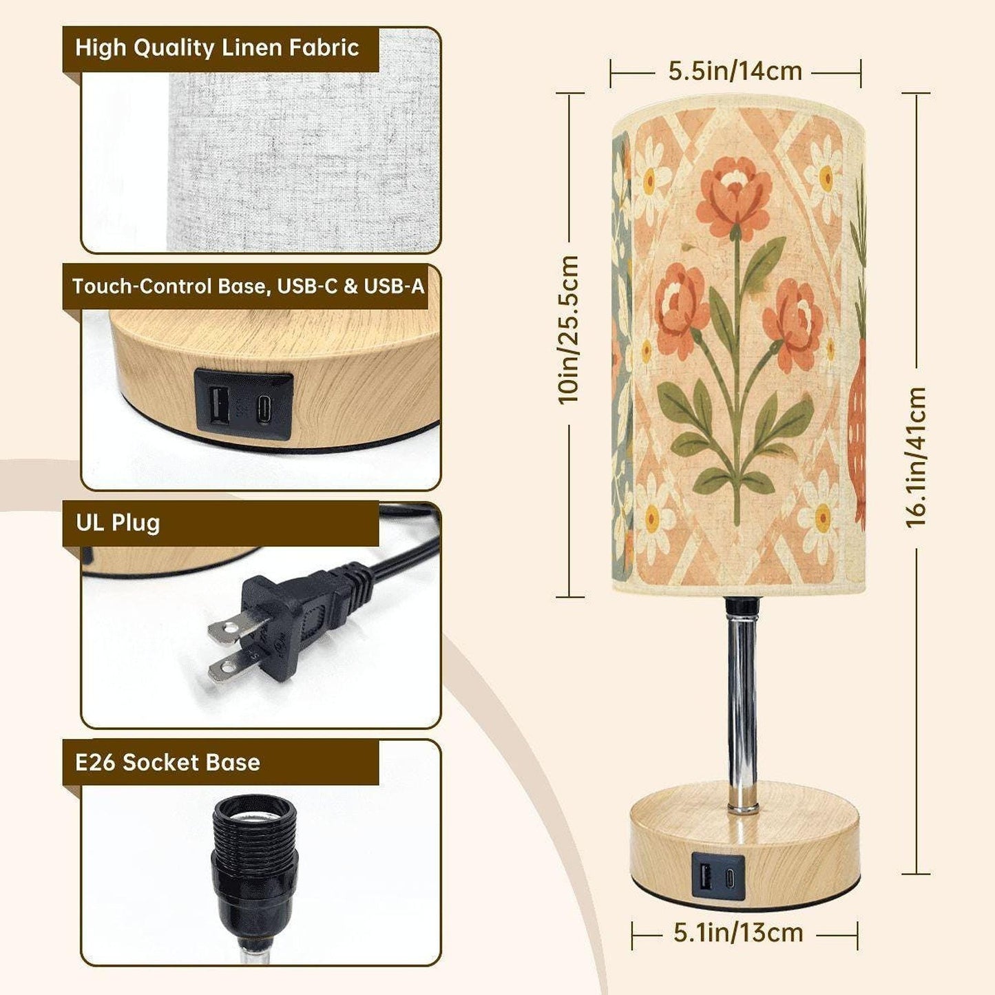 Folk Garden Lamp, Floral Design with Touch Dimming and USB Type-C Charging
