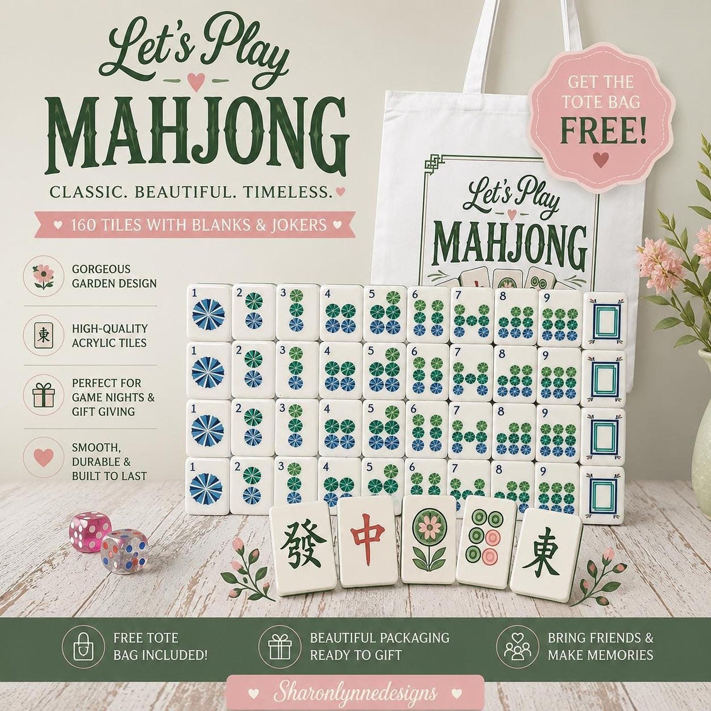Blue Mahjong Set, American Tiles with Jokers and Blanks, Tote Bag Included
