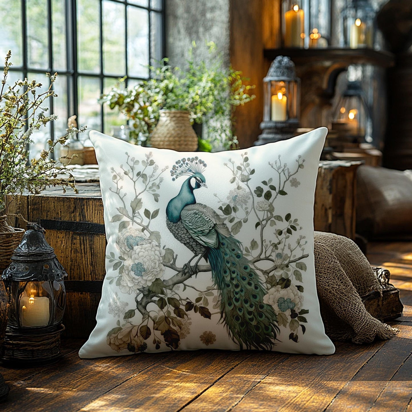 Peacock Pillow, Double-Sided 100% Spun Polyester Cover in Four Sizes