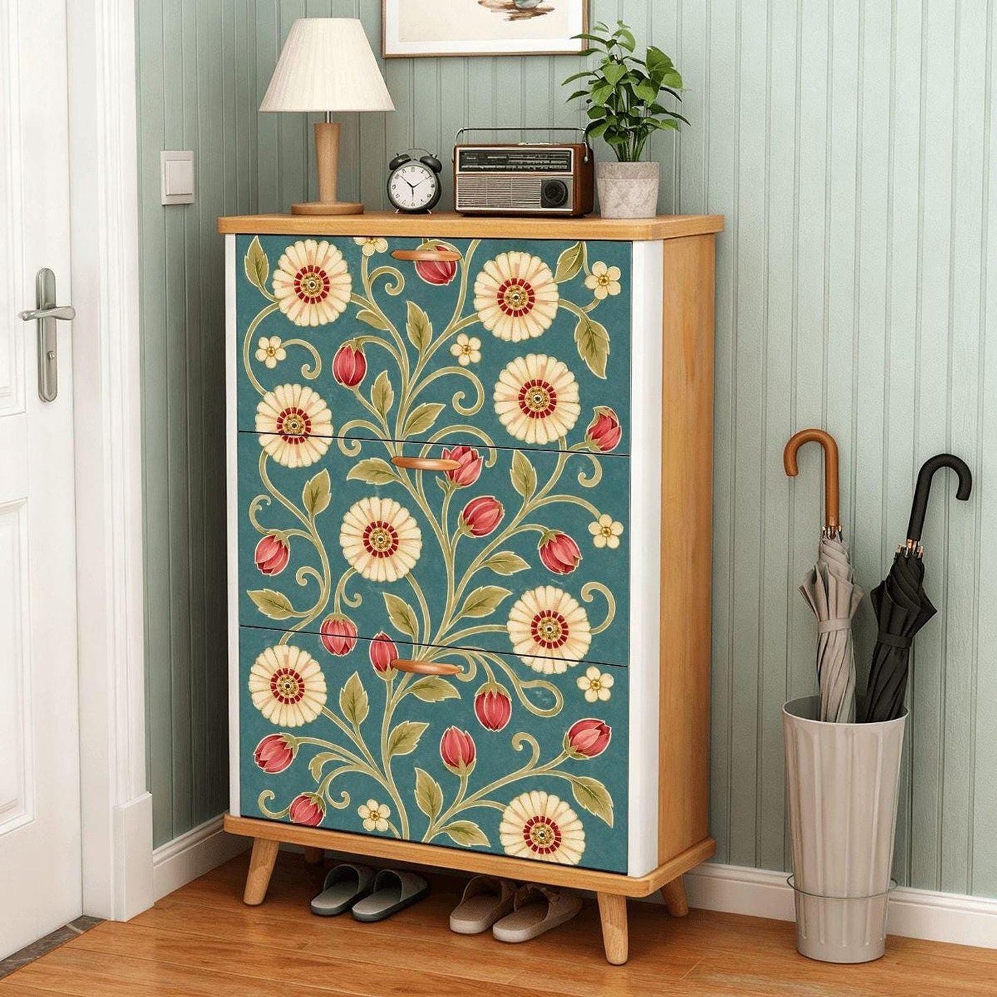 Vintage Shoe Cabinet, Teal Botanical Design with Three Foldable Drawers