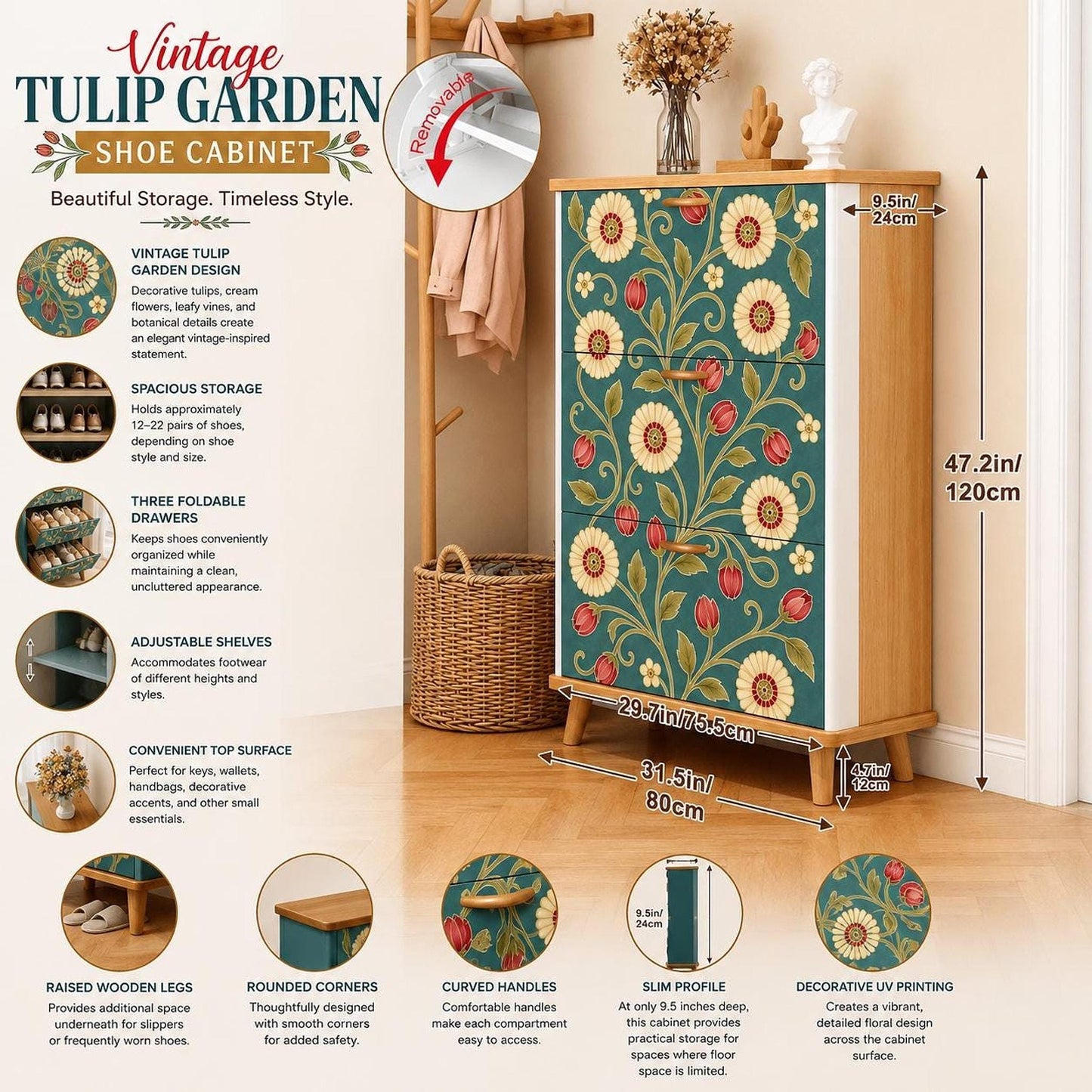 Vintage Shoe Cabinet, Teal Botanical Design with Three Foldable Drawers