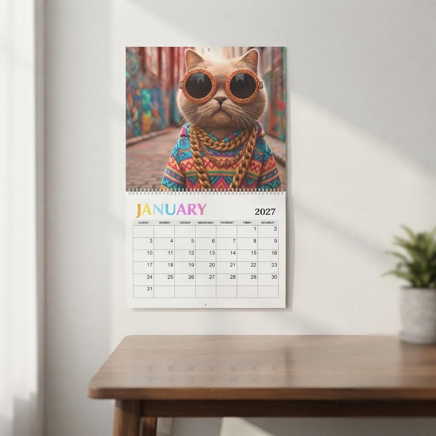Hippy Cat 2027 Wall Calendar, Boho Home Decor