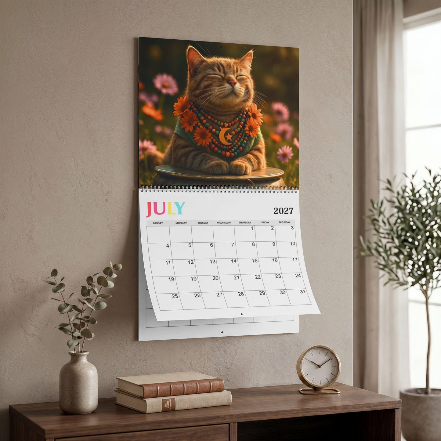 Hippy Cat 2027 Wall Calendar, Boho Home Decor