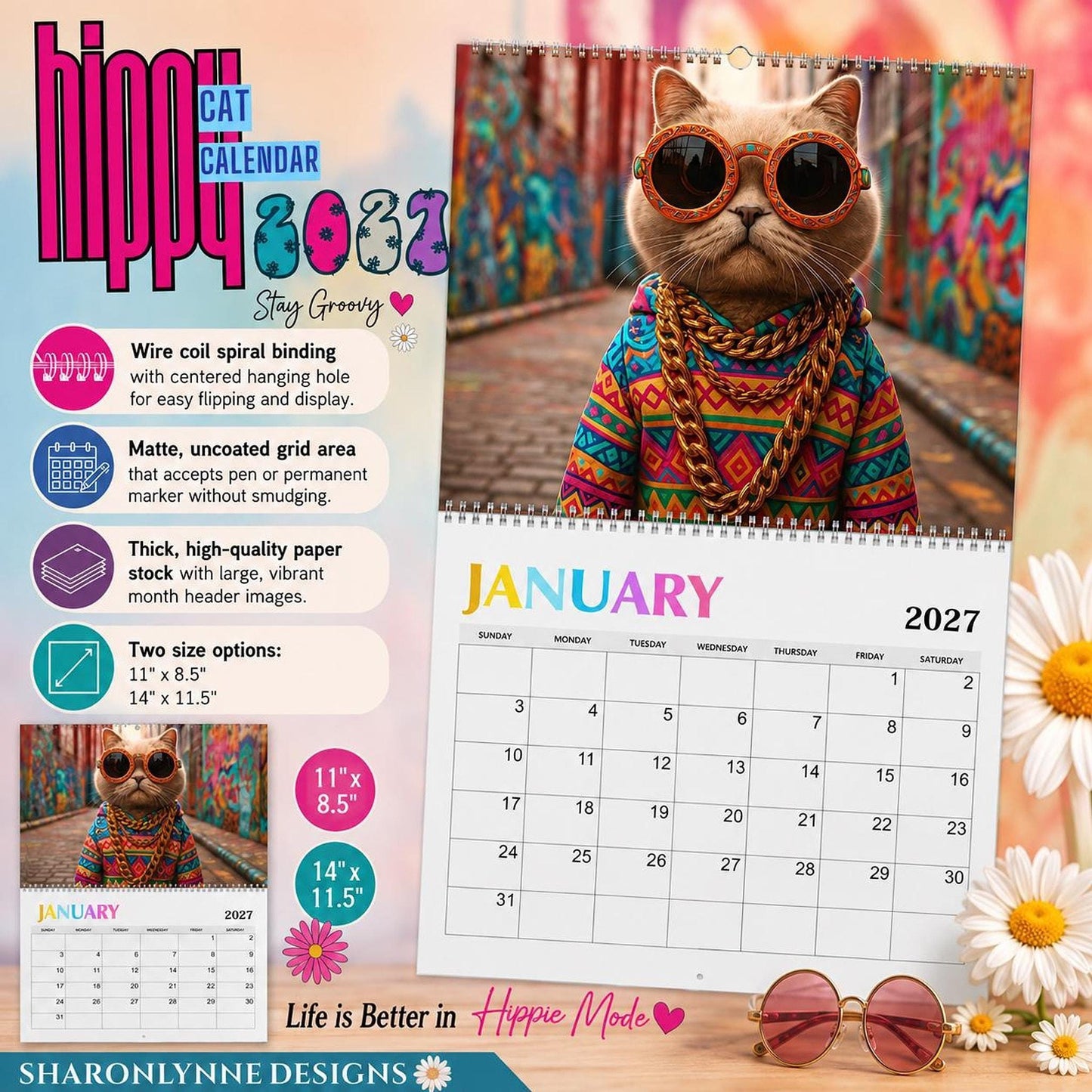 Hippy Cat 2027 Wall Calendar, Boho Home Decor