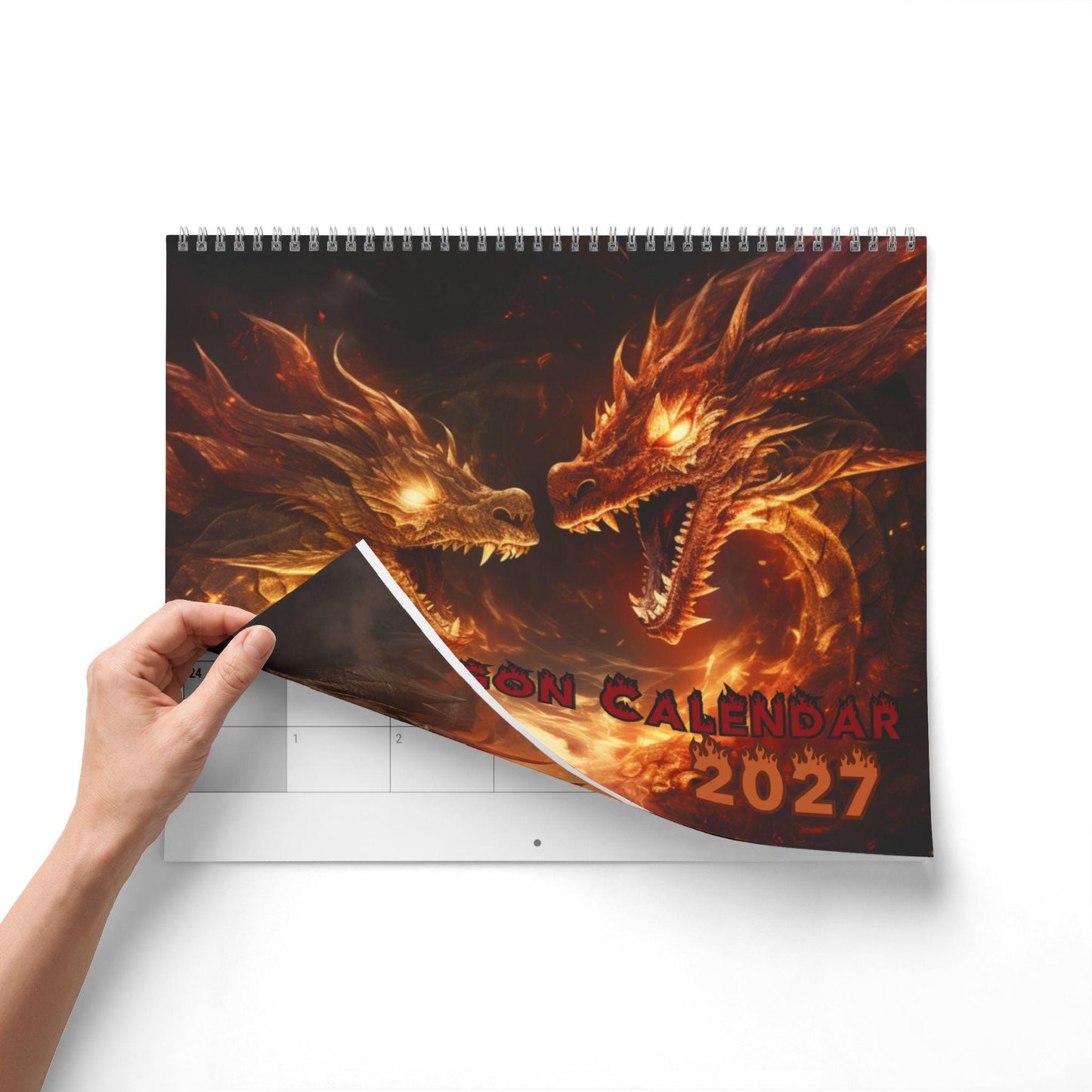 Fire Dragon Wall Calendar 2027, Writable Matte Grid, Wire Coil Fantasy Art