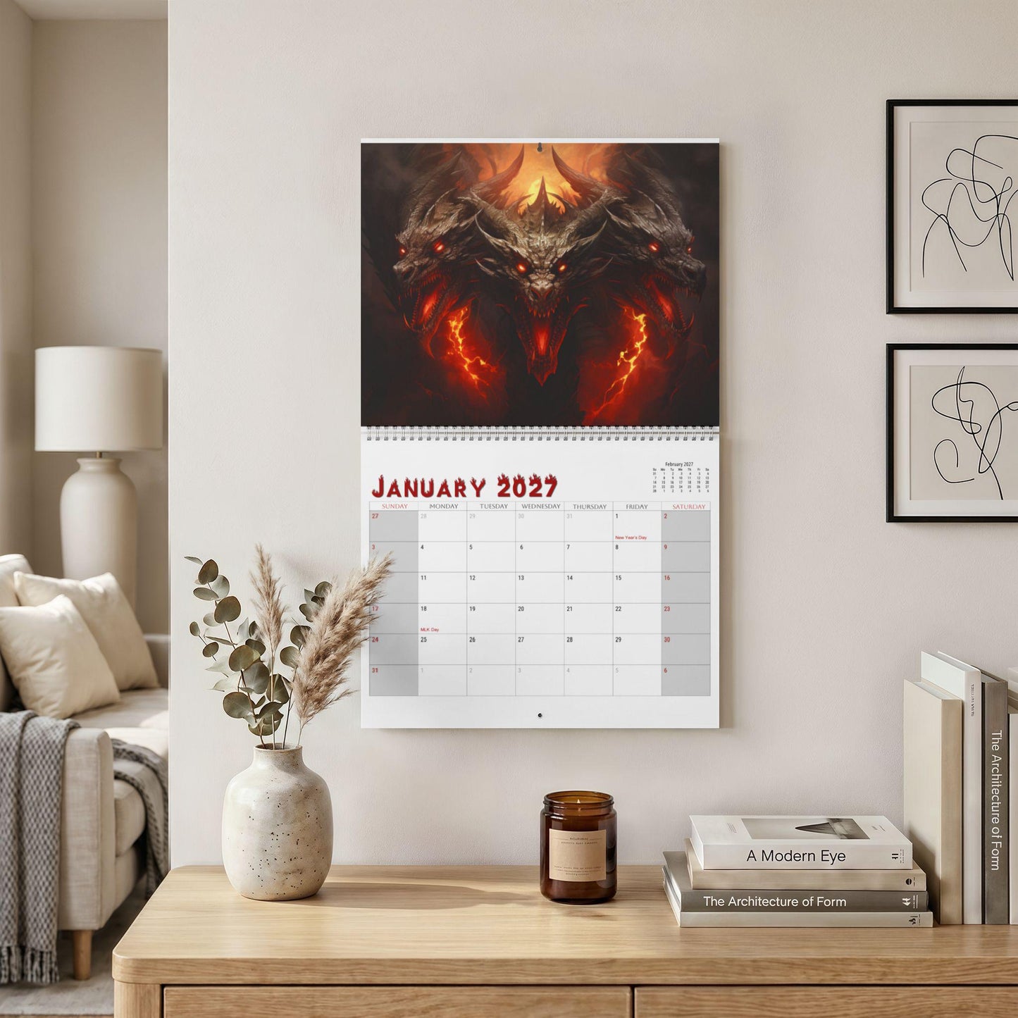 Fire Dragon Wall Calendar 2027, Writable Matte Grid, Wire Coil Fantasy Art