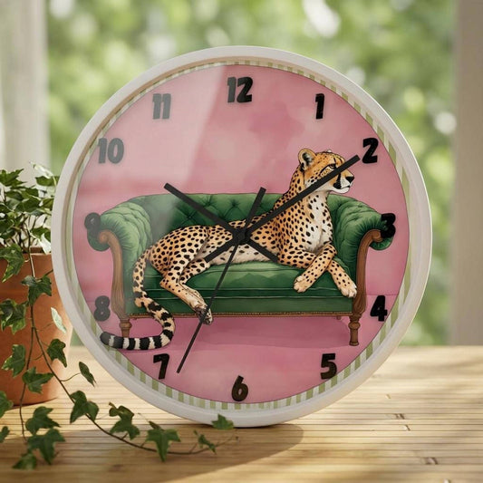 Cheetah Wall Clock, Silent 10-Inch Square Wood Frame, Pink Background