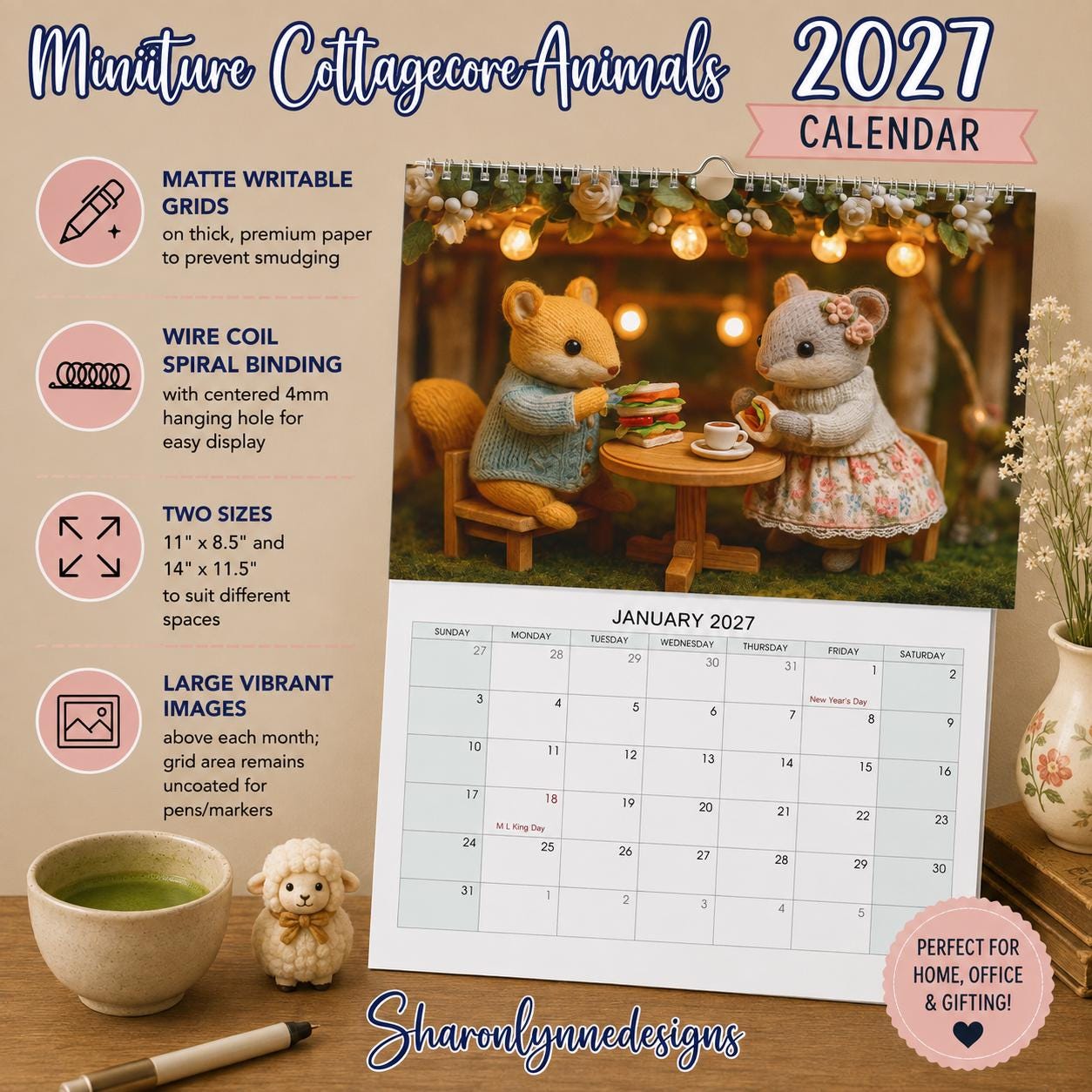 2027 Miniature Cuddly Animal Tea Party Wall Calendar