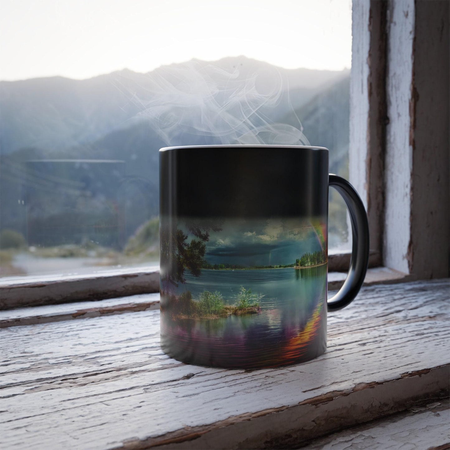 Conversation Novelty Mug, 11 Oz Heat-Reactive Ceramic, Color-Changing Rainbow Lake Scene