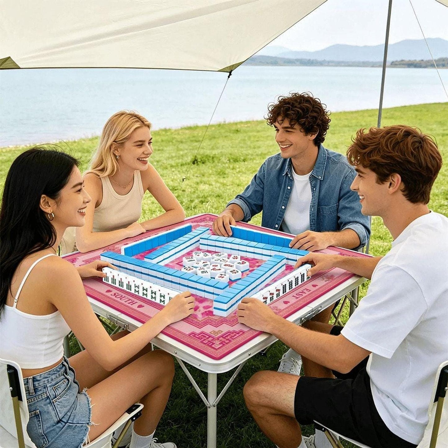 Mahjong Tile Set Mat, Pink Cheetah, 3mm Non-Slip Rubber Backing with Storage Bag