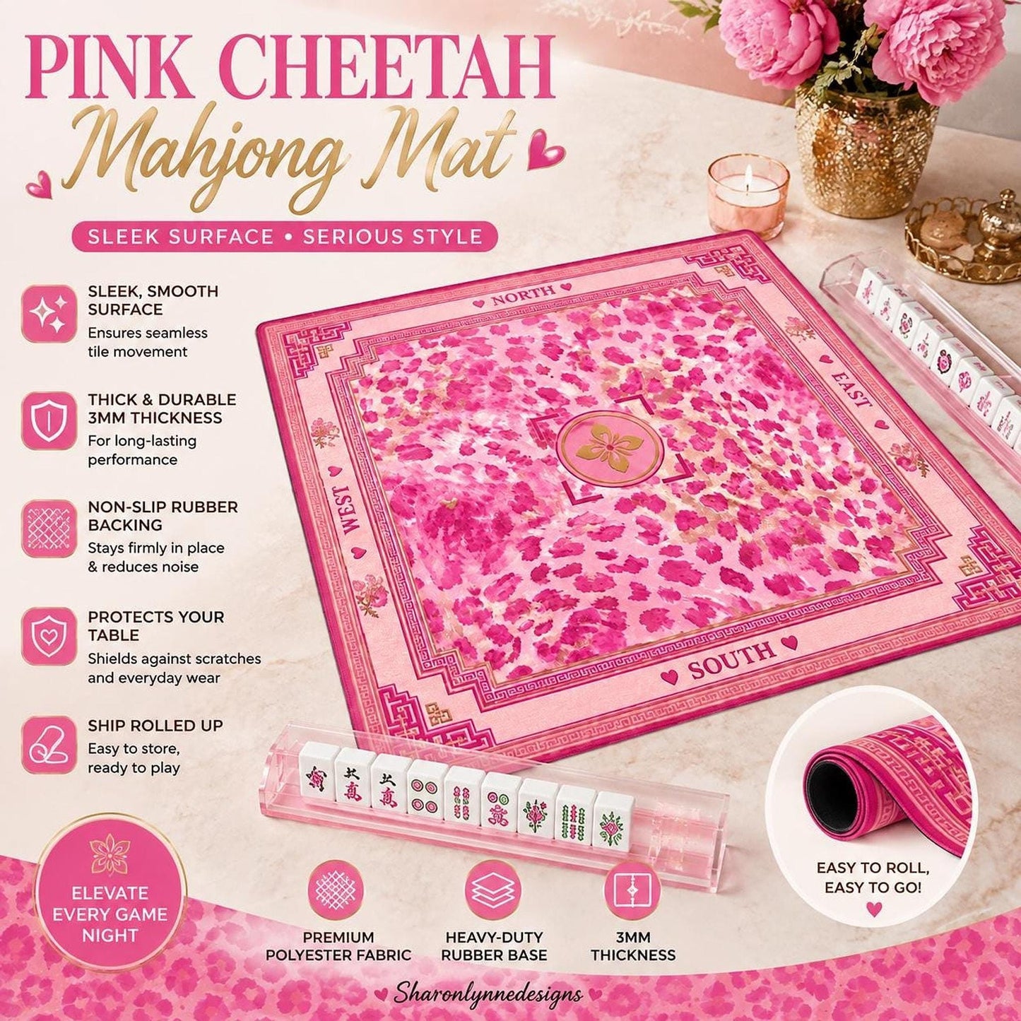 Mahjong Tile Set Mat, Pink Cheetah, 3mm Non-Slip Rubber Backing with Storage Bag