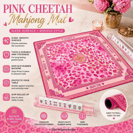 Mahjong Tile Set Mat, Pink Cheetah, 3mm Non-Slip Rubber Backing with Storage Bag