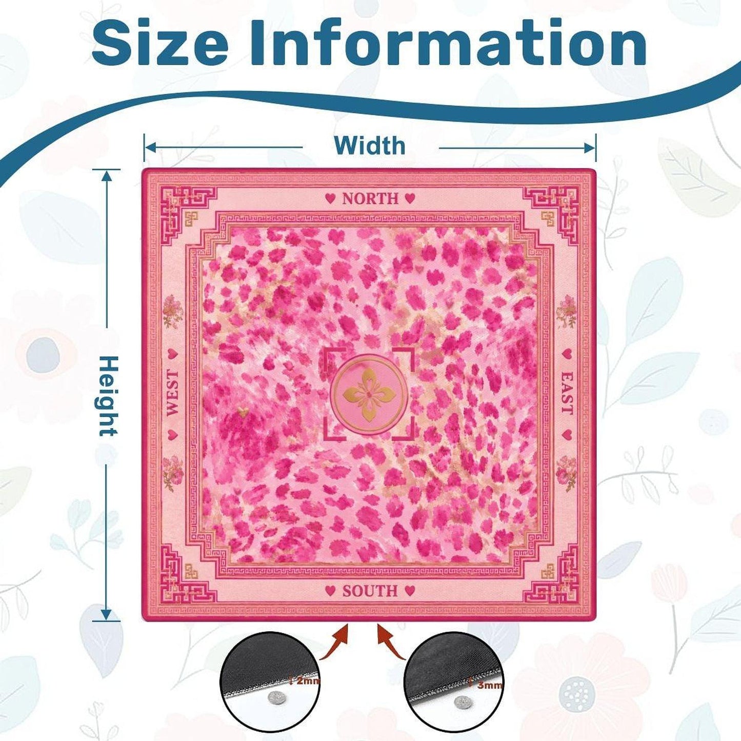 Mahjong Tile Set Mat, Pink Cheetah, 3mm Non-Slip Rubber Backing with Storage Bag