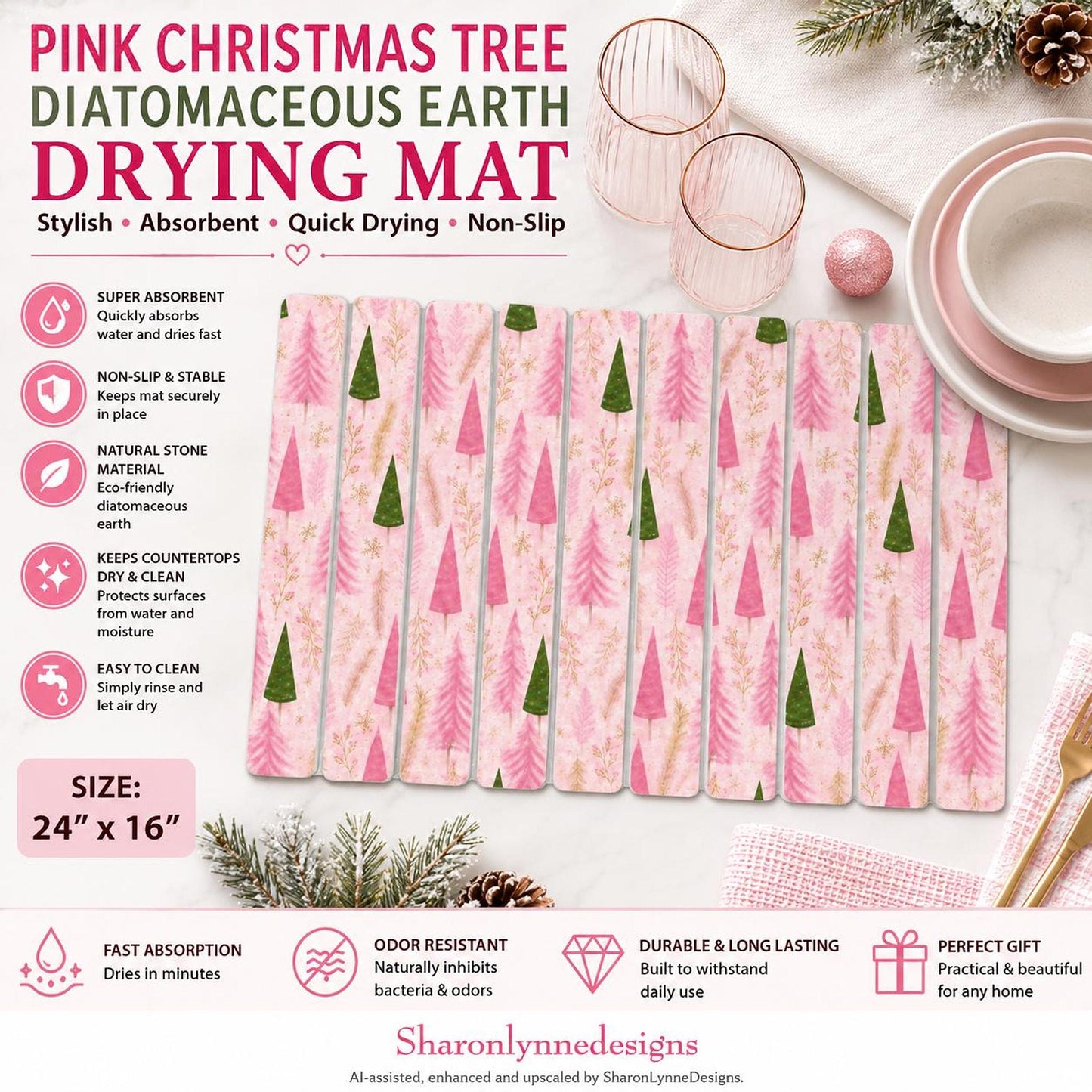 Pink Dish Drying Mat, Christmas Tree Design, 24" x 16" Diatomaceous Stone