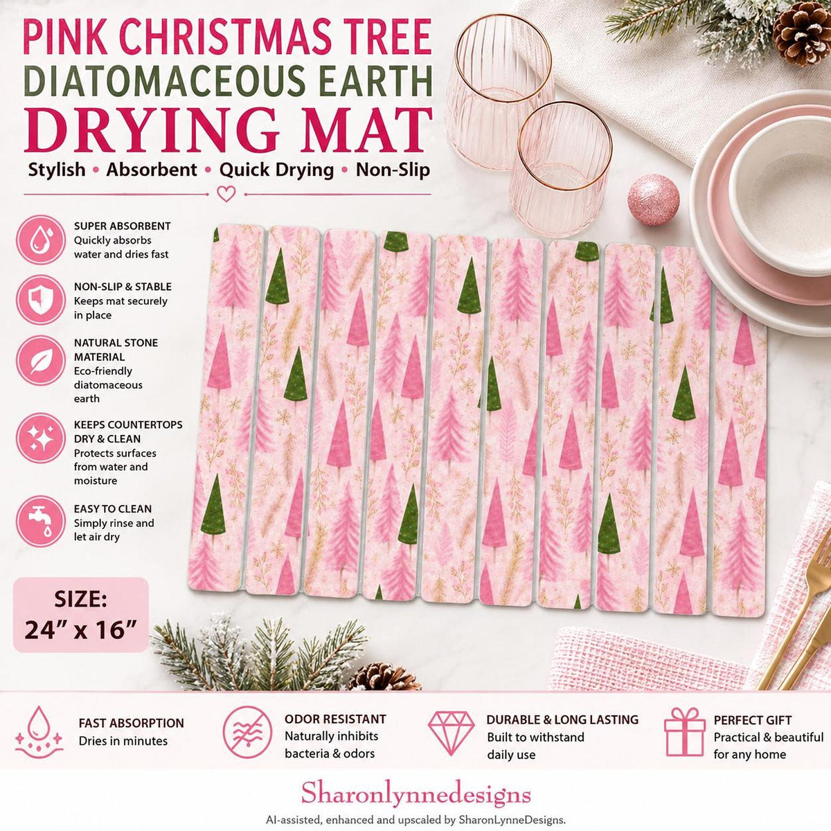 Pink Dish Drying Mat, Christmas Tree Design, 24" x 16" Diatomaceous Stone