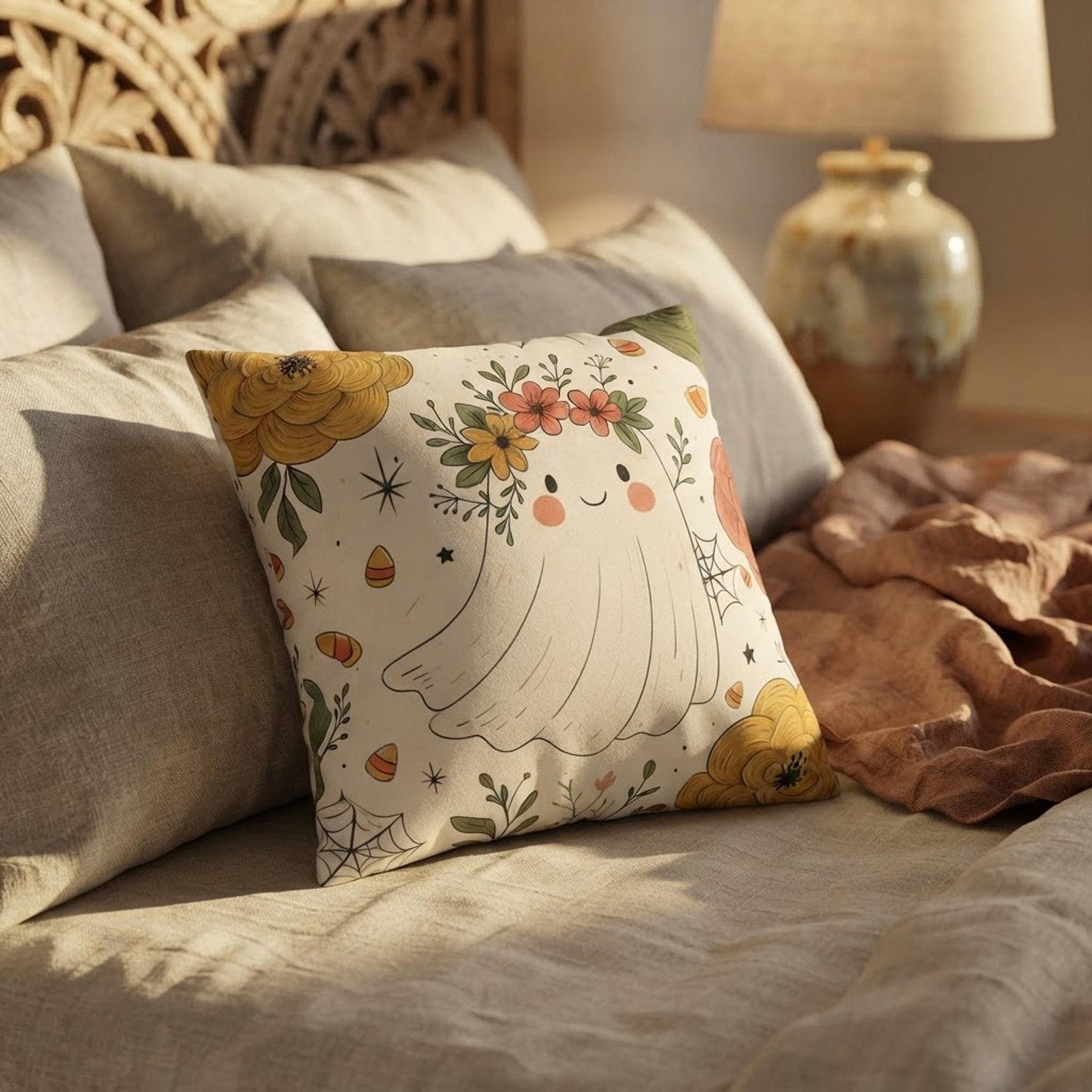 Ghost Halloween Pillowcase: Faux Suede Square Throw Pillow for Cozy Fall Home Decor
