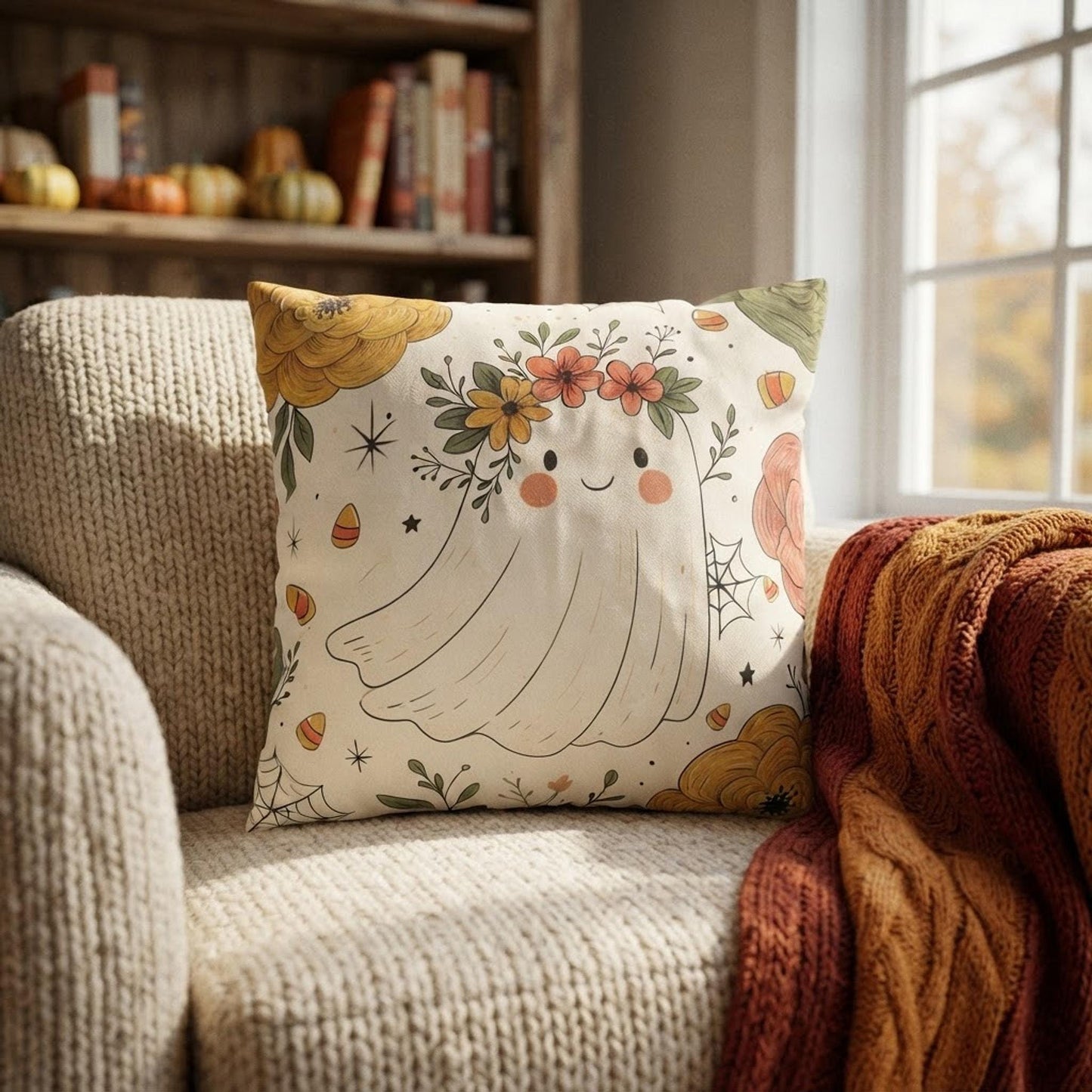 Ghost Halloween Pillowcase: Faux Suede Square Throw Pillow for Cozy Fall Home Decor