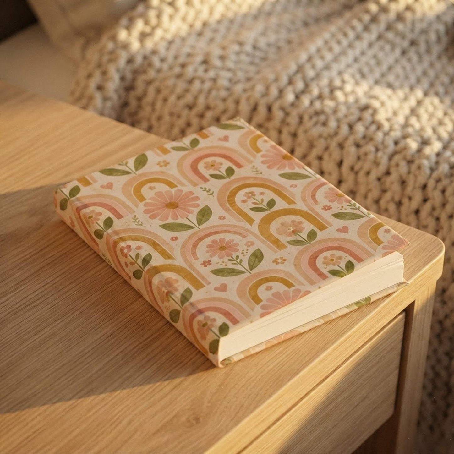 Retro Floral Rainbow Hardcover Journal | Matte Notebook, Peach Boho Pattern