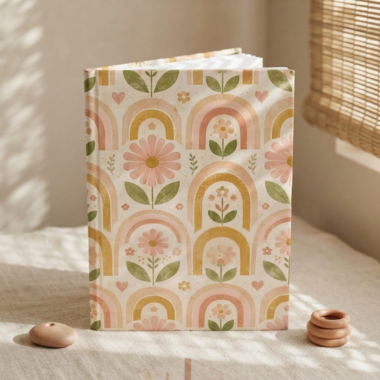 Retro Floral Rainbow Hardcover Journal | Matte Notebook, Peach Boho Pattern