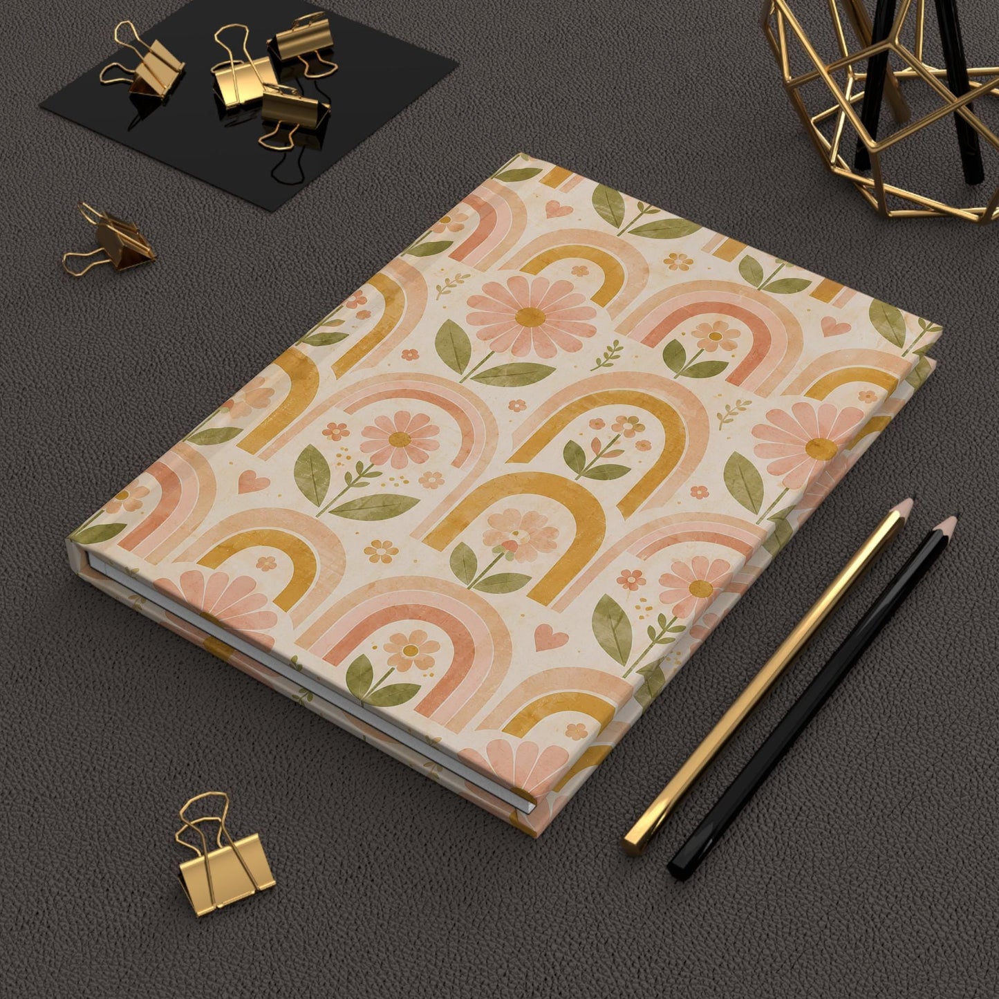 Retro Floral Rainbow Hardcover Journal | Matte Notebook, Peach Boho Pattern