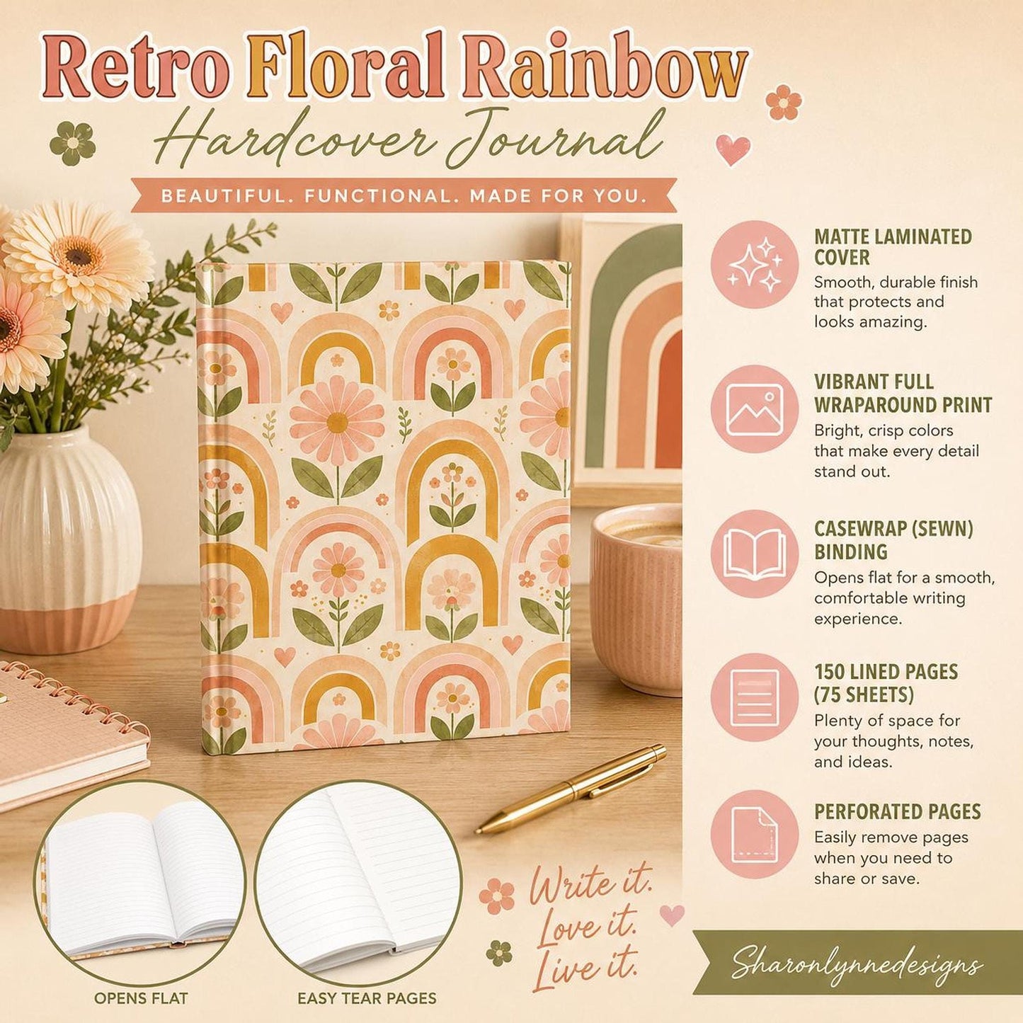 Retro Floral Rainbow Hardcover Journal | Matte Notebook, Peach Boho Pattern