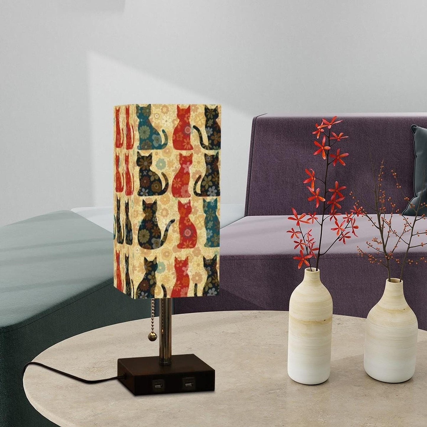 Decorative Lighting, Retro Cat Table Lamp with Linen Shade and 16-Color LED