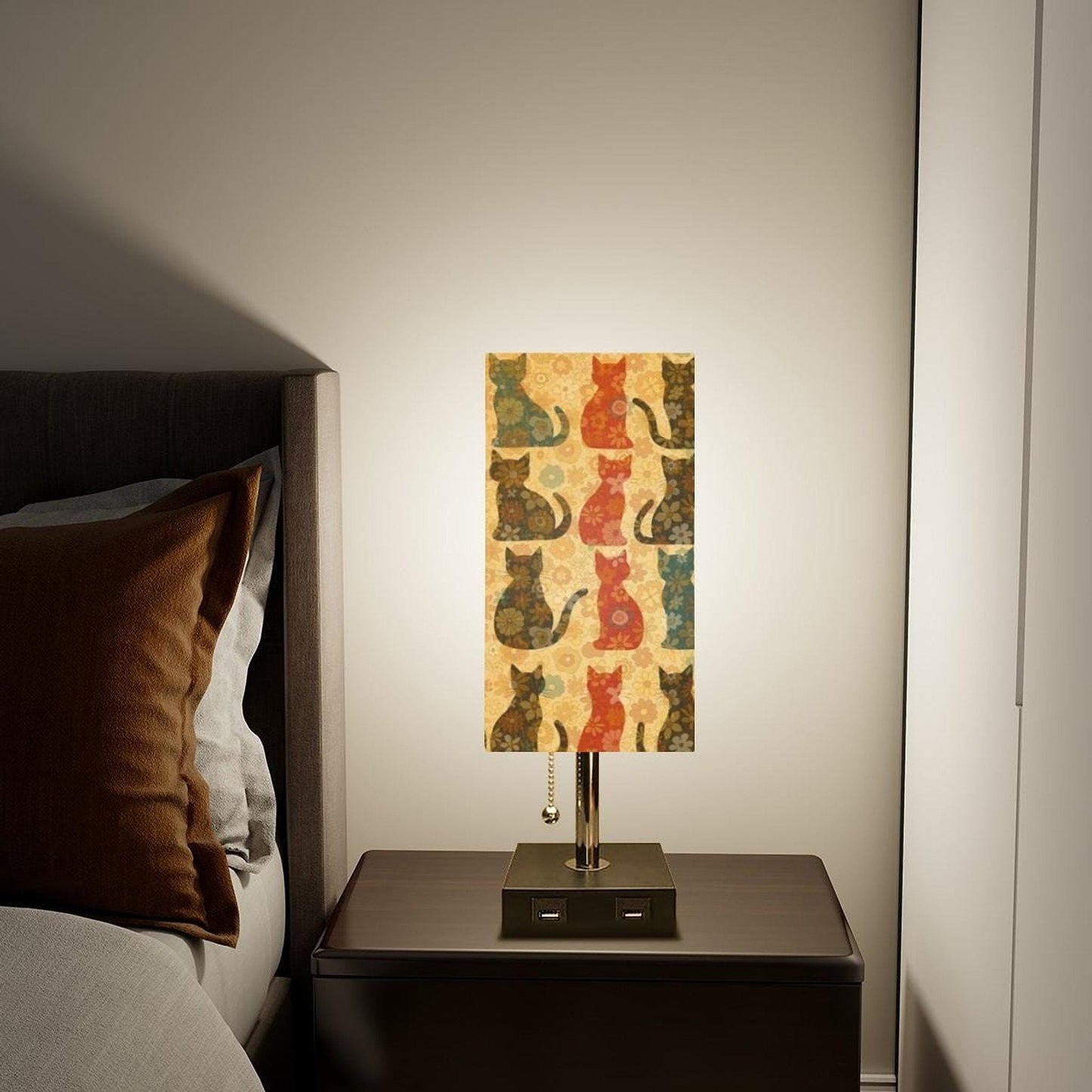 Decorative Lighting, Retro Cat Table Lamp with Linen Shade and 16-Color LED