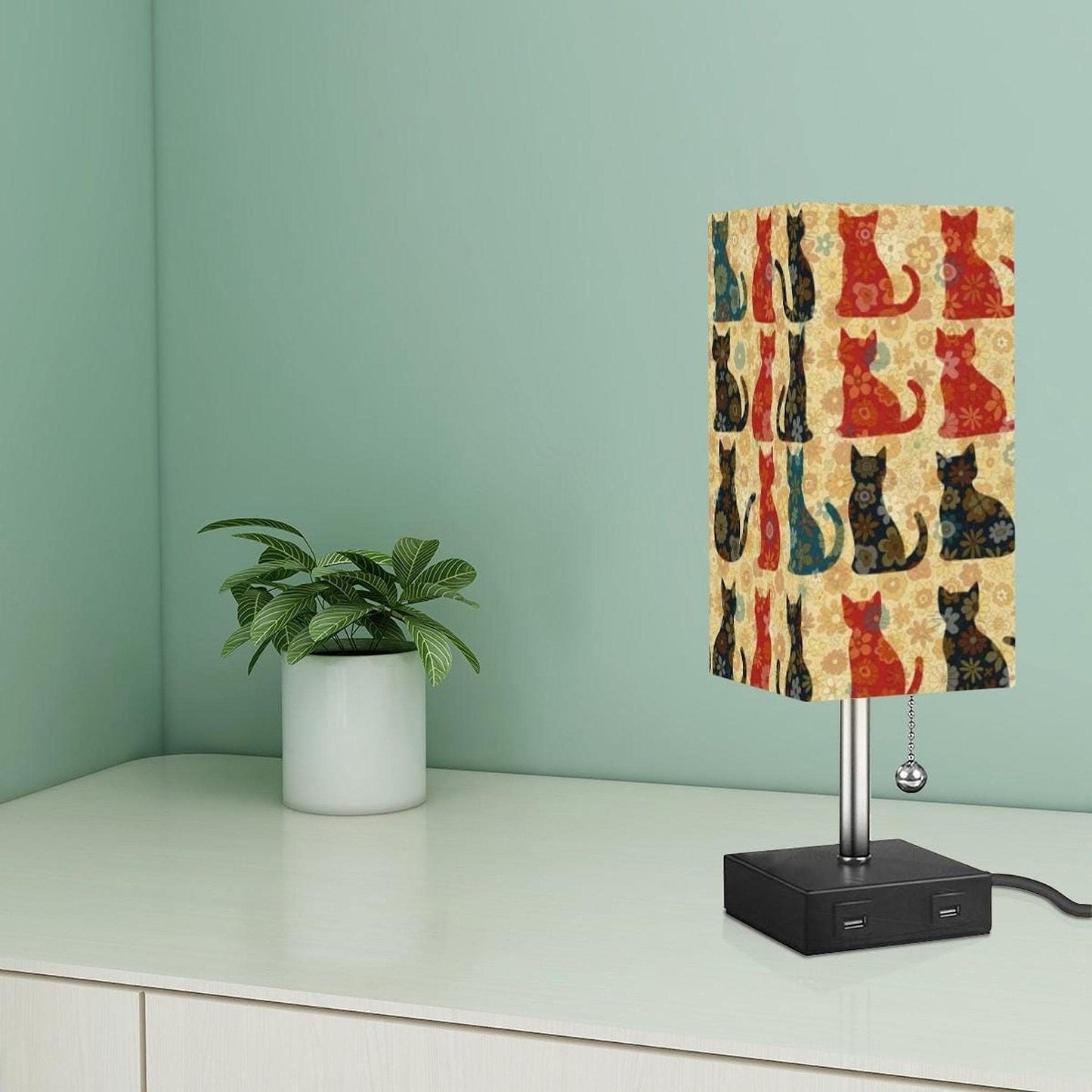 Decorative Lighting, Retro Cat Table Lamp with Linen Shade and 16-Color LED